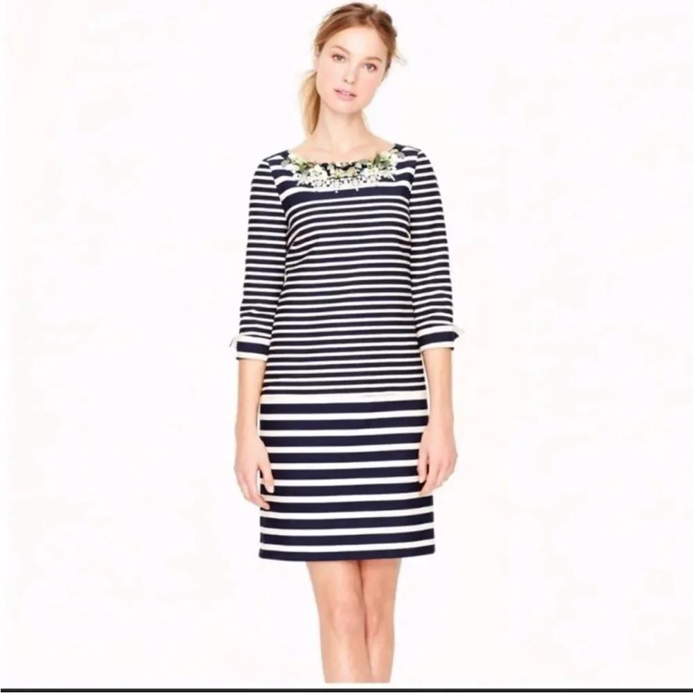 J. Crew Collection Dress Navy Blue White Stripe Bead Embellished Neckline Sz 0